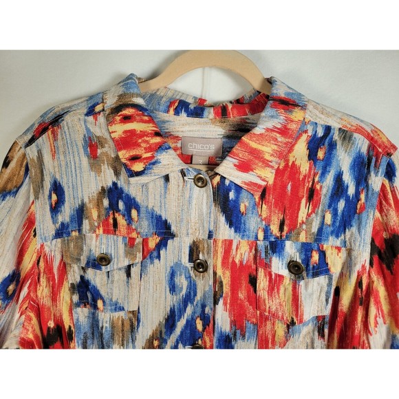 Chico's Sz 3 Linen Blend Jacket Aztec Southwest Button Front 3/4 slv Size 16-18 - Picture 4 of 6